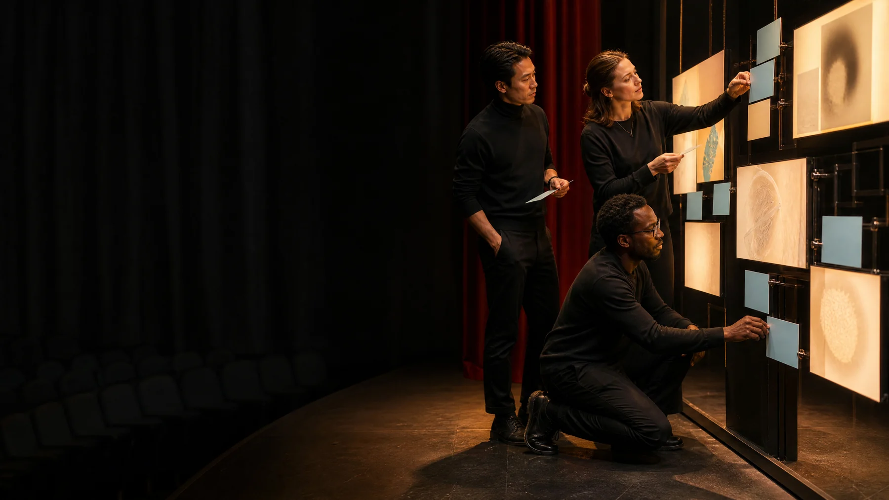 Analytics team staging evidence in a theatre