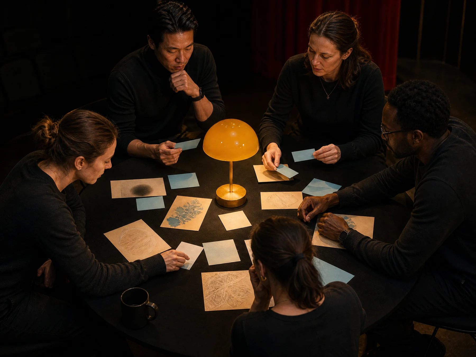 Team rehearsing evidence around a circular table