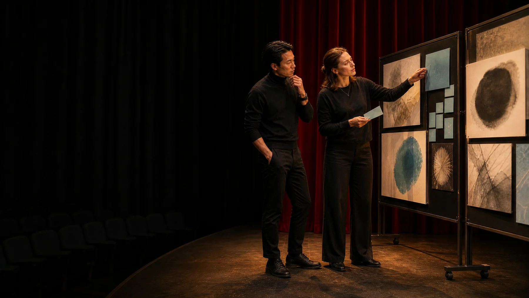 Two colleagues rehearsing by theatre evidence boards
