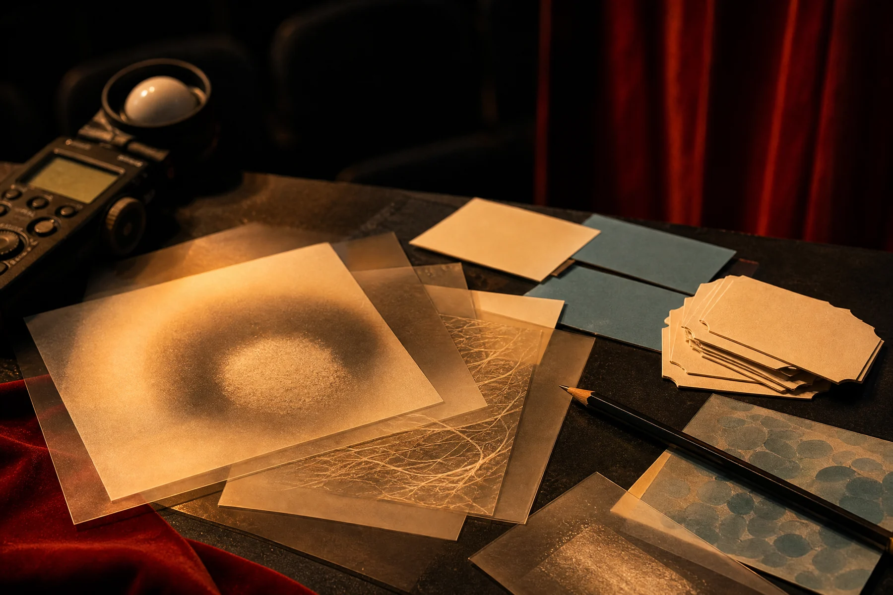 Theatre prop table with acetate and evidence materials